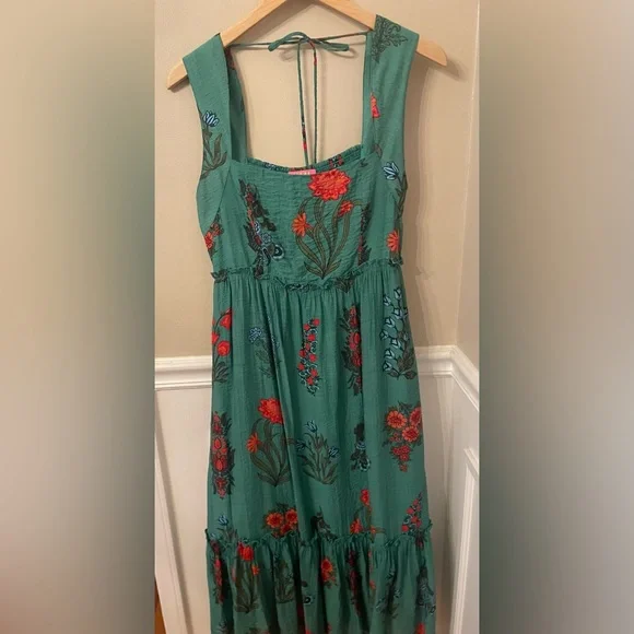 THML Green Floral Midi Dress with Smocking & Ruffle Medium - Picture 3 of 12